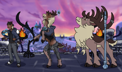 Size: 3750x2211 | Tagged: safe, artist:silvergriffin21, stronghoof hoofstrong (tfh), deer, human, reindeer, them's fightin' herds, clothes, community related, eyes closed, fire, hoodie, human to deer, human to reindeer, male, open mouth, pants, ripped pants, shirt, shoes, smiling, torn clothes, torn shirt, transformation, transformation sequence