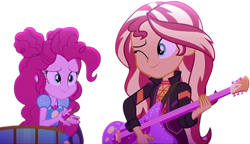 Size: 4369x2520 | Tagged: safe, edit, edited screencap, editor:homersimpson1983, screencap, pinkie pie, sunset shimmer, human, equestria girls, g4, background removed, drums, drumsticks, duo, duo female, electric guitar, female, food, guitar, music festival outfit, musical instrument, not a vector, simple background, transparent background