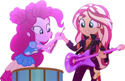 Size: 3882x2520 | Tagged: safe, edit, edited screencap, editor:homersimpson1983, screencap, pinkie pie, sunset shimmer, human, equestria girls, g4, background removed, drums, drumstick, duo, duo female, electric guitar, female, food, guitar, meat, music festival outfit, musical instrument, not a vector, simple background, transparent background