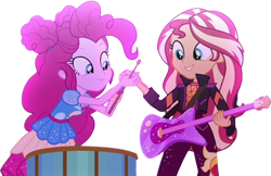 Size: 3882x2520 | Tagged: safe, edit, edited screencap, editor:homersimpson1983, screencap, pinkie pie, sunset shimmer, human, equestria girls, g4, background removed, drums, drumstick, duo, duo female, electric guitar, female, guitar, music festival outfit, musical instrument, not a vector, simple background, transparent background