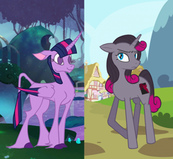 Size: 1998x1845 | Tagged: safe, artist:machiavellian1998, fhtng th§ ¿nsp§kbl, oleander (tfh), twilight sparkle, alicorn, classical unicorn, pony, unicorn, them's fightin' herds, g4, book, cloven hooves, colored hooves, colored wings, community related, duo, duo female, female, horn, leonine tail, no pupils, ponyville, show accurate, smiling, style emulation, style swap, twilight sparkle (alicorn), unshorn fetlocks, wings