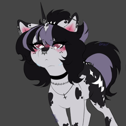 Size: 4680x4680 | Tagged: safe, artist:toxikil, oc, oc:blitz chord, pony, unicorn, blushing, choker, coat markings, crying, ear piercing, earring, facial markings, freckles, horn, horn ring, industrial piercing, jewelry, necklace, nose piercing, piercing, ring, septum piercing, spotted, tail, tail ring, teary eyes, two toned mane, wingding eyes