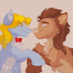 Size: 2000x2000 | Tagged: safe, artist:nyota71, derpibooru exclusive, doctor whooves, perfect pace, time turner, earth pony, g4, bowtie, chest fluff, doctor who, doctorpace, ear fluff, gay, holding hooves, looking at each other, looking at someone, male, redesign, shipping, simple background, smiling, smiling at each other, the doctor, the master, unshorn fetlocks