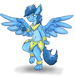 Size: 943x949 | Tagged: safe, artist:pzkratzer, oc, oc only, oc:night cloud, sphinx, semi-anthro, aggie.io, belly button, belly dancer, belly dancer outfit, bipedal, clothes, female, paw pads, paws, sketch, smiling, solo, sphinx oc, spread wings, teeth, underpaw, wings