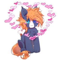 Size: 2500x2500 | Tagged: safe, artist:medkit, oc, oc only, oc:ruby the exorcist, hybrid, original species, pegasus, pony, :3, blaze (coat marking), blue coat, blue eyes, chest fluff, chibi, claws, coat markings, colored claws, colored ear fluff, colored eyebrows, colored eyelashes, colored hooves, colored lineart, colored muzzle, colored pupils, colored tassels, colored wings, cute, ears up, eye clipping through hair, eyebrows, eyebrows visible through hair, eyes open, facial markings, fangs, feathered wings, folded wings, front view, full body, gift art, heart, heart ears, heart shaped, heterochromia, high res, lightly watermarked, long tail, male, orange mane, orange tail, paint tool sai 2, paws, pegasus oc, png, short mane, shoulder fluff, signature, simple background, sitting, small wings, smiling, solo, stallion, tail, tassels, transparent background, unshorn fetlocks, wall of tags, watermark, wings
