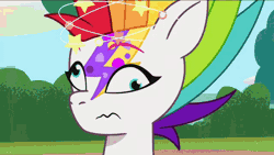 Size: 640x360 | Tagged: safe, screencap, zipp storm, pegasus, pony, g5, my little pony: tell your tale, zipp's yes day, spoiler:g5, spoiler:my little pony: tell your tale, spoiler:tyts01e22, alternate hairstyle, animated, circling stars, cute, dizzy, face paint, female, gif, great moments in animation, high res, mare, multicolored hair, rainbow hair, solo, wavy mouth