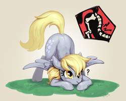 Size: 1380x1107 | Tagged: safe, artist:sunbusting, derpy hooves, pegasus, pony, g4, broken spine, clueless, face down ass up, grass, injured, jack-o challenge, meme, ouch, question mark, simple background, solo, spine, spread wings, wings, x-ray