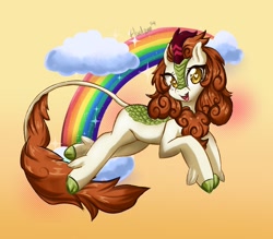 Size: 2048x1792 | Tagged: safe, artist:floralshitpost, autumn blaze, kirin, g4, cloud, gradient background, heart, heart eyes, rainbow, solo, wingding eyes