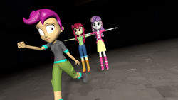 Size: 2048x1152 | Tagged: safe, artist:gaelgaming1, apple bloom, scootaloo, sweetie belle, human, equestria girls, g4, 3d, cutie mark crusaders, female, running away, source filmmaker, t pose