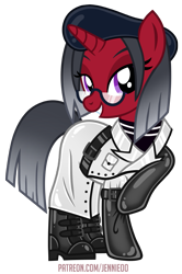 Size: 795x1200 | Tagged: safe, alternate version, artist:jennieoo, oc, oc:synthetic obscurity, pony, unicorn, boots, clothes, commission, glasses, gloves, horn, latex, looking at you, rubber, shoes, show accurate, smiling, smiling at you, solo, vector