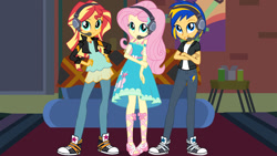 Size: 1147x645 | Tagged: safe, artist:richardchibbard, fluttershy, sunset shimmer, oc, oc:flare spark, equestria girls, g4, game stream, my little pony equestria girls: better together, clothes, converse, crossed arms, female, gamer sunset, hand on hip, headphones, shoes, sneakers, sunset's apartment, trio, trio female