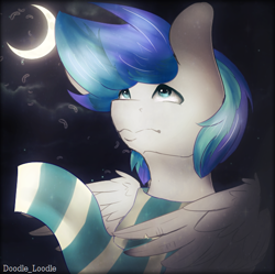 Size: 586x584 | Tagged: safe, artist:majesticwhalequeen, oc, oc only, pegasus, pony, clothes, male, moon, night, scarf, solo, stallion, striped scarf