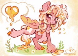 Size: 3500x2500 | Tagged: safe, artist:applepums, oc, oc only, oc:eggy custard, pegasus, pony, abstract background, big ears, big eyes, chest fluff, colored hooves, colored pinnae, colored wings, colored wingtips, commission, cute, daisy (flower), ear freckles, egg, egg yolk, emanata, eye clipping through hair, eyebrows, eyebrows visible through hair, eyelashes, female, fern, flower, freckles, goo mane, goo tail, grass, heart, high res, long mane, long tail, mare, motion lines, ocbetes, partially open wings, pegasus oc, pink coat, pink eyes, plewds, ponytail, raised eyebrow, raised hoof, raised leg, shiny mane, shiny tail, signature, smiling, solo, speech bubble, standing, tail, tied mane, two toned mane, two toned tail, two toned wings, unshorn fetlocks, walking, wingding eyes, wings
