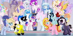 Size: 1080x536 | Tagged: safe, oc, oc:altersmay earth, oc:crystal snow, oc:laura orchid, oc:shadow lily, unnamed oc, alicorn, pegasus, pony, unicorn, accessory, alicorn oc, beard, bow, colored hooves, colored wings, crystal empire, ear piercing, eyes closed, facial hair, female, filly, flying, foal, glasses, grin, group, group picture, hair bow, hair covering face, happy, hat, hoof on chest, horn, looking at each other, looking at someone, looking up, male, mare, open mouth, pegasus oc, piercing, planet ponies, ponified, round glasses, shipping, smiling, unicorn oc, wings