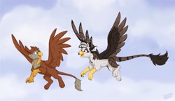 Size: 4096x2363 | Tagged: safe, artist:rutkotka, oc, oc:ospreay, oc:peregrine, blue eyes, cloud, commission, cute, duo, flying, looking at each other, looking at someone, sketch, sky, tail, watermark, wings, yellow eyes