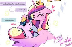 Size: 1493x975 | Tagged: safe, artist:petaltwinkle, princess cadance, twilight sparkle, alicorn, pony, g4, blushing, colored wings, crown, cute, cutedance, daaaaaaaaaaaw, dialogue, duo, duo female, ear blush, ears back, emanata, eye clipping through hair, eyelashes, eyes closed, female, floating heart, floppy ears, gradient wings, heart, hoof on head, horn, hug, jewelry, long mane, mare, multicolored mane, peytral, pink coat, profile, purple coat, regalia, shiny mane, sibling love, signature, simple background, sisterly love, smiling, speech bubble, straight mane, sweet dreams fuel, talking, text, tiara, twiabetes, twilight sparkle (alicorn), two toned wings, unicorn horn, white background, winghug, wings