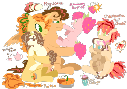 Size: 2200x1544 | Tagged: safe, artist:universalheart, li'l cheese, pound cake, pumpkin cake, oc, oc:coco delight, oc:strawberry surprise, oc:vanilla bean, earth pony, pegasus, pony, unicorn, alternate design, alternate name, bow, female, filly, flower, flower in hair, foal, freckles, hair bow, holding a pony, horn, male, mare, name, no pupils, offspring, older, older pound cake, older pumpkin cake, parent:cheese sandwich, parent:pinkie pie, parents:cheesepie, simple background, stallion, transparent background, triplets