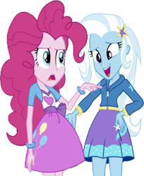 Size: 2052x2520 | Tagged: safe, edit, edited screencap, editor:homersimpson1983, screencap, pinkie pie, trixie, human, equestria girls, g4, arms, background removed, bracelet, breasts, bust, clothes, duo, duo female, female, fingers, frown, hairpin, hand, hand on hip, hoodie, jewelry, legs, long hair, long sleeves, not a vector, open frown, open mouth, open smile, pointing, shirt, short sleeves, simple background, skirt, smiling, standing, talking, teenager, top, transparent background, vest, wrong aspect ratio, zipper