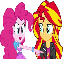 Size: 2688x2520 | Tagged: safe, edit, edited screencap, editor:homersimpson1983, screencap, pinkie pie, sunset shimmer, human, equestria girls, g4, arms, background removed, bracelet, breasts, bust, clothes, duo, duo female, female, finger, fingers, frown, hand, happy, jacket, jewelry, leather, leather jacket, long hair, long sleeves, looking at each other, looking at someone, not a vector, open mouth, open smile, pointing, shirt, short sleeves, simple background, skirt, smiling, standing, teenager, top, vest, white background, wrong aspect ratio
