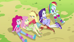 Size: 1280x720 | Tagged: safe, screencap, applejack, fluttershy, pinkie pie, rainbow dash, rarity, human, equestria girls, g4, my little pony equestria girls: legend of everfree, alternate clothes, applejack's hat, clothes, cowboy hat, dress, female, females only, hat, yelling