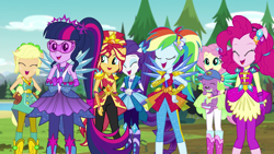 Size: 1280x720 | Tagged: safe, screencap, applejack, fluttershy, pinkie pie, rainbow dash, rarity, sci-twi, spike, spike the regular dog, sunset shimmer, twilight sparkle, dog, human, equestria girls, g4, my little pony equestria girls: legend of everfree, female, holding a dog, humane five, humane seven, humane six, jewelry, male, show accurate, tiara