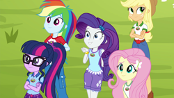 Size: 1920x1080 | Tagged: safe, screencap, applejack, fluttershy, pinkie pie, rainbow dash, rarity, sci-twi, twilight sparkle, human, equestria girls, g4, my little pony equestria girls: legend of everfree, applejack's hat, boots, camp everfree outfits, clothes, cowboy boots, cowboy hat, excited, female, glasses, hat, humane five, shoes, shorts