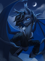 Size: 3000x4100 | Tagged: safe, artist:miurimau, oc, oc only, bat pony, pony, bat pony oc, clothes, cloud, commission, crescent moon, fangs, high res, jacket, looking at you, moon, night, slit pupils, solo, spread wings, unshorn fetlocks, wings