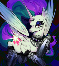 Size: 3000x3348 | Tagged: safe, artist:manysketchbooks, princess celestia, alicorn, pony, between dark and dawn, g4, abstract background, absurd resolution, choker, clothes, digital art, ear piercing, ethereal mane, ethereal tail, eyelashes, eyeshadow, feather, female, flowing mane, flowing tail, glowing, goth, hoof shoes, horn, horn ring, jewelry, lidded eyes, looking at you, makeup, mare, multicolored mane, multicolored tail, piercing, princess shoes, punklestia, raised hoof, red eyes, ring, solo, spiked choker, spread wings, tail, tights, wings