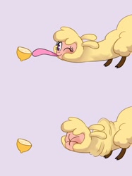 Size: 648x866 | Tagged: safe, artist:malt cat, paprika (tfh), them's fightin' herds, 2 panel comic, comic, community related, food, lemon, long tongue, meme, one eye closed, puckered lips, purple background, simple background, tongue out