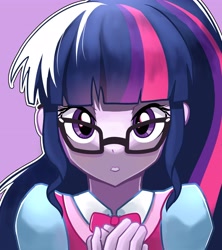 Size: 3641x4096 | Tagged: safe, artist:gunim8ed, twilight sparkle, human, equestria girls, g4, arms, blouse, bowtie, clothes, collar, female, fingers, glasses, hand, long hair, pink background, ponytail, puffy sleeves, simple background, solo, teenager, vest