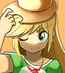 Size: 3641x4096 | Tagged: safe, artist:gunim8ed, applejack, human, equestria girls, g4, applejack's hat, arms, clothes, collar, cowboy hat, female, fingers, freckles, hand, happy, hat, jewelry, long hair, necklace, one eye closed, orange background, ponytail, shirt, short sleeves, simple background, smiling, solo, teenager, tipping, wink