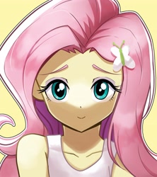 Size: 3641x4096 | Tagged: safe, artist:gunim8ed, fluttershy, human, equestria girls, g4, arms, clothes, female, hairpin, happy, long hair, makeup, simple background, sleeveless, smiling, solo, standing, tank top, teenager, yellow background