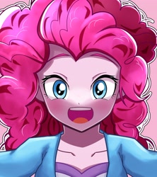 Size: 3641x4096 | Tagged: safe, artist:gunim8ed, pinkie pie, human, equestria girls, g4, arms, blushing, clothes, female, happy, long hair, open mouth, open smile, pink background, shirt, short sleeves, simple background, smiling, solo, teenager, teeth, vest