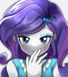 Size: 3641x4096 | Tagged: safe, artist:gunim8ed, rarity, human, equestria girls, g4, arms, breasts, bust, clothes, female, fingers, gray background, hairpin, hand, hand on mouth, happy, lidded eyes, long hair, makeup, rarity peplum dress, simple background, smiling, solo, standing, teenager