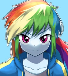 Size: 1821x2048 | Tagged: safe, artist:gunim8ed, rainbow dash, equestria girls, g4, arms, blue background, clothes, female, happy, hoodie, long hair, shirt, simple background, smiling, solo, standing, teenager