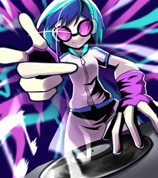 Size: 3641x4096 | Tagged: safe, artist:gunim8ed, dj pon-3, vinyl scratch, human, equestria girls, g4, abstract background, clothes, female, fingerless gloves, gloves, headphones, solo, turntable, vinyl's glasses