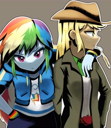Size: 3574x4096 | Tagged: safe, artist:gunim8ed, applejack, rainbow dash, human, applejack's hat, brown background, clothes, cowboy hat, duo, duo female, female, freckles, hat, hoodie, lesbian, looking at you, ship:appledash, shipping, simple background, straw in mouth