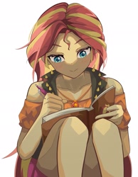 Size: 1593x2048 | Tagged: safe, artist:gunim8ed, sunset shimmer, human, blushing, female, jewelry, necklace, notebook, pen, simple background, solo, white background, writing