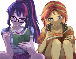 Size: 2048x1593 | Tagged: safe, artist:gunim8ed, sci-twi, sunset shimmer, twilight sparkle, human, equestria girls, g4, blushing, bowtie, clothes, duo, duo female, female, glasses, jewelry, necklace, notebook, pencil, ponytail, simple background, skirt, white background, writing