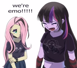 Size: 4096x3627 | Tagged: safe, artist:gunim8ed, fluttershy, twilight sparkle, human, equestria girls, g4, belly button, choker, clothes, duo, ear piercing, earring, emo, fangs, female, gloves, jewelry, meme, necklace, piercing, shirt, short shirt, simple background, skirt, spiked wristband, t-shirt, we're emo, white background, wristband