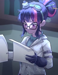 Size: 3186x4096 | Tagged: safe, artist:gunim8ed, twilight sparkle, human, blushing, clothes, female, glasses, goggles, goggles on head, lab coat, reading, solo