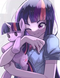 Size: 3186x4096 | Tagged: safe, artist:gunim8ed, twilight sparkle, human, equestria girls, g4, blushing, bowtie, clothes, female, plushie, self plushidox, shirt, solo, twilight sparkle plushie