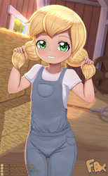 Size: 2480x4016 | Tagged: safe, artist:focusb, applejack, human, g4, barn, clothes, cute, female, freckles, hay bale, humanized, jackabetes, looking at you, overalls, pigtails, pitchfork, solo, younger