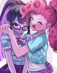 Size: 3186x4096 | Tagged: safe, artist:gunim8ed, pinkie pie, sci-twi, twilight sparkle, human, equestria girls, g4, blushing, bowtie, duo, duo female, female, glasses, hug, lesbian, one eye closed, ship:twinkie, shipping