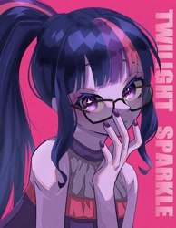 Size: 3186x4096 | Tagged: safe, artist:gunim8ed, twilight sparkle, human, equestria girls, g4, female, glasses, pink background, ponytail, simple background, solo, starry eyes, wingding eyes