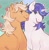 Size: 1916x1953 | Tagged: safe, artist:daffidaizy, applejack (g1), glory, earth pony, pony, unicorn, g1, abstract background, duo, duo female, face licking, female, horn, lesbian, licking, mare, scene interpretation, ship:appleglory, shipping, tongue out