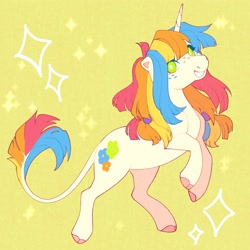 Size: 3000x3000 | Tagged: safe, artist:daffidaizy, oc, oc only, oc:flower power, pony, unicorn, abstract background, cloven hooves, female, freckles, horn, leonine tail, mare, solo, tail