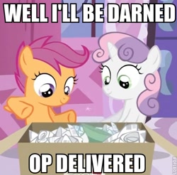 Size: 500x491 | Tagged: safe, scootaloo, sweetie belle, pegasus, unicorn, box, caption, duo, english, horn, image macro, op, roflbot, text, watermark