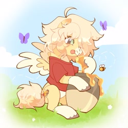 Size: 3000x3000 | Tagged: safe, artist:daffidaizy, oc, oc only, bee, butterfly, insect, pegasus, pony, clothes, commission, food, honey, licking, licking lips, pot, shirt, sitting, solo, t-shirt, tongue out, unshorn fetlocks