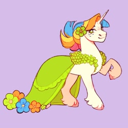 Size: 3000x3000 | Tagged: safe, artist:daffidaizy, oc, oc only, oc:flower power, pony, unicorn, clothes, dress, female, flower, flower in hair, freckles, horn, mare, purple background, simple background, solo, unshorn fetlocks